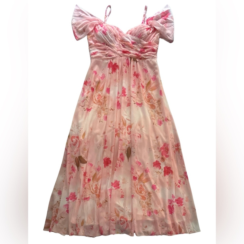 Pink Floral Bridesmaid Dress with Pockets, Side Slit & Tie Back